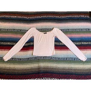 Forever 21 Long Sleeve Striped Scoop Neck Cropped Top with Ruffled Edges